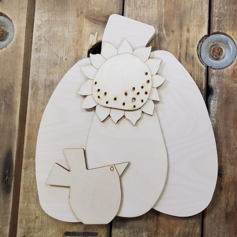 Wooden Prim Pumpkin w Bird and Sunflower