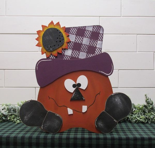Wooden Funny Pumpkin w Sunflower