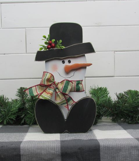 Wood Sitting Snowman with Hat